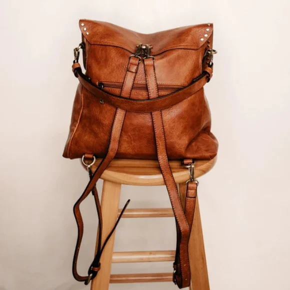 New! Camel Studded Vegan Leather Convertible Backpack Bag - Picture 4 of 6